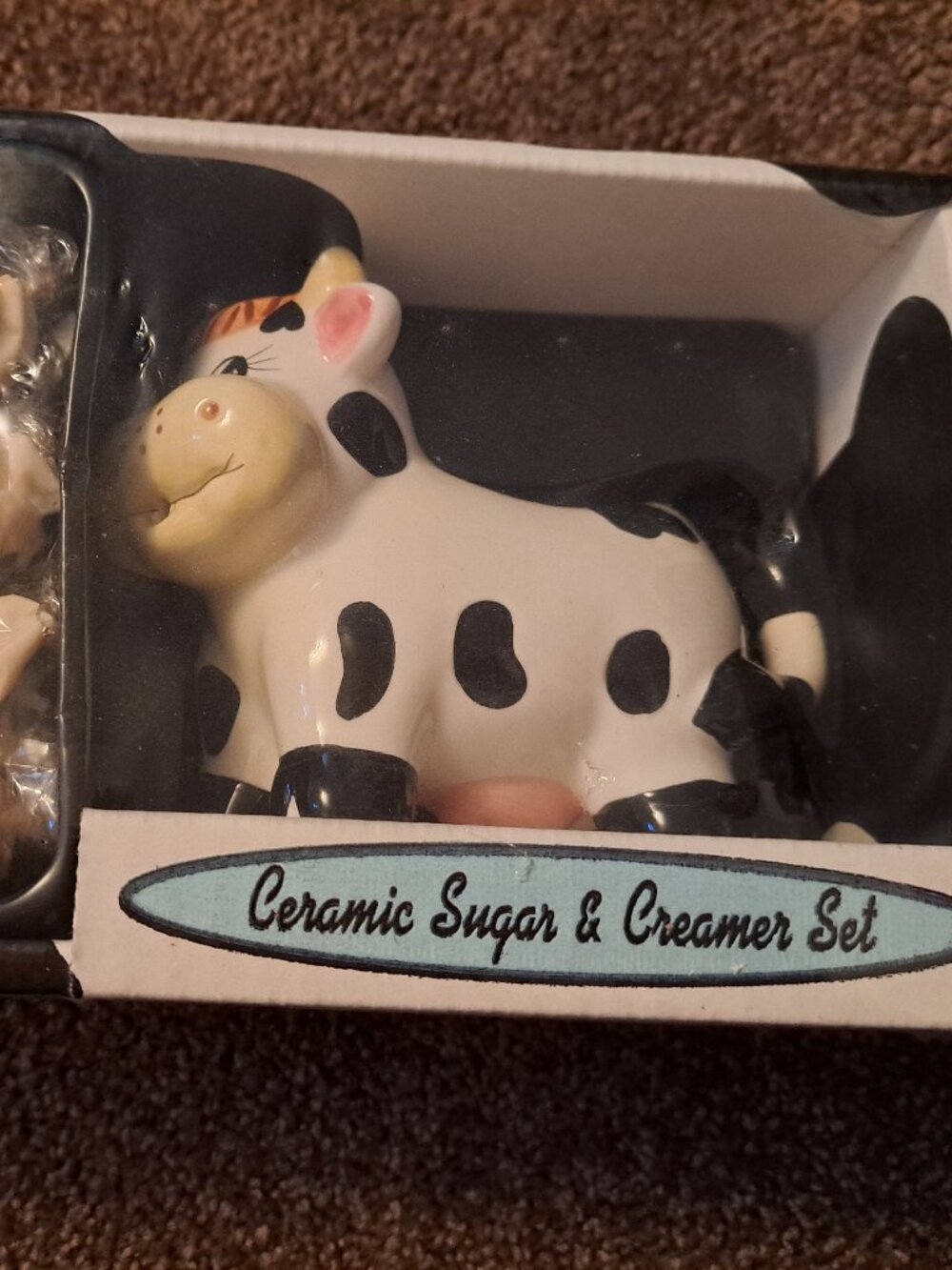 NIB Vintage Houston Harvest Ceramic Cow Sugar Bowl & Creamer Set Black White - Picture 3 of 5